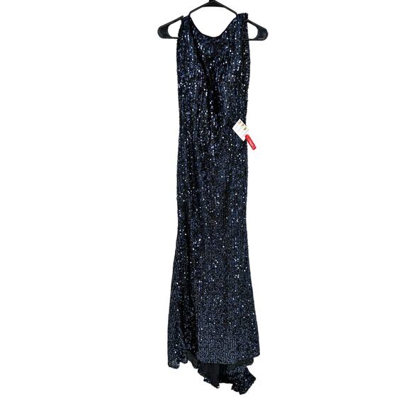 Mac Duggal 26331 Midnight Blue Cowl Back Boat Neck Sequined Gown Dress 2 - Picture 2 of 7